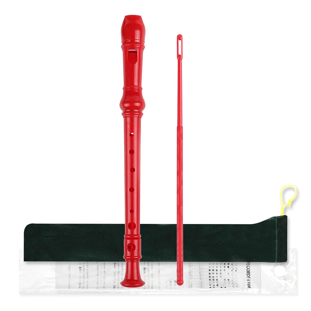 Mr.Power Soprano Recorder German Style C Key For Beginner Student Music Class 3 Piece Abs With Thumb Rest + Fingering Chart + Cleaning Stick + Carrying Bag (Red)